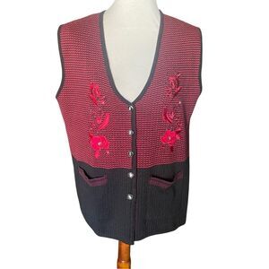XINYUE Burgundy & Black Floral Knit Vest - Hand Embroidered - Size XL